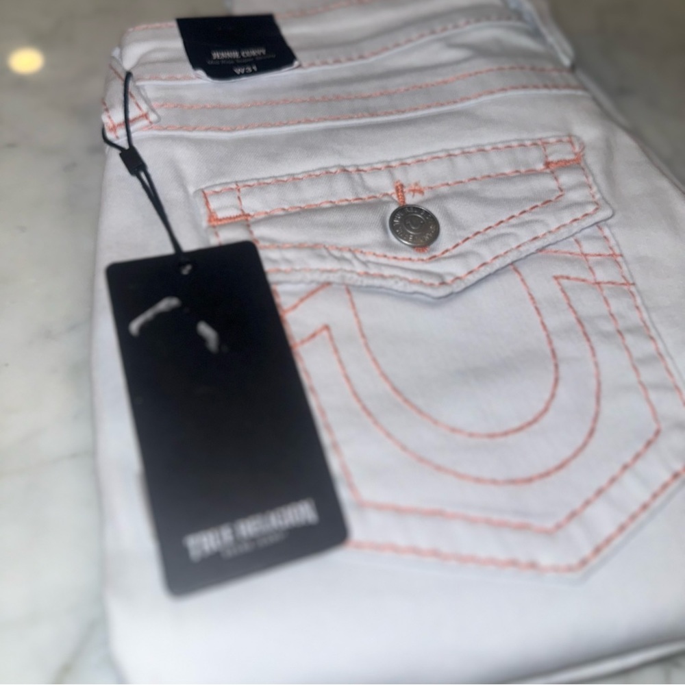 NWT True Religion Jennie Curvy Mid Rise Super Skinny White with Orange Size 31 - Picture 8 of 12
